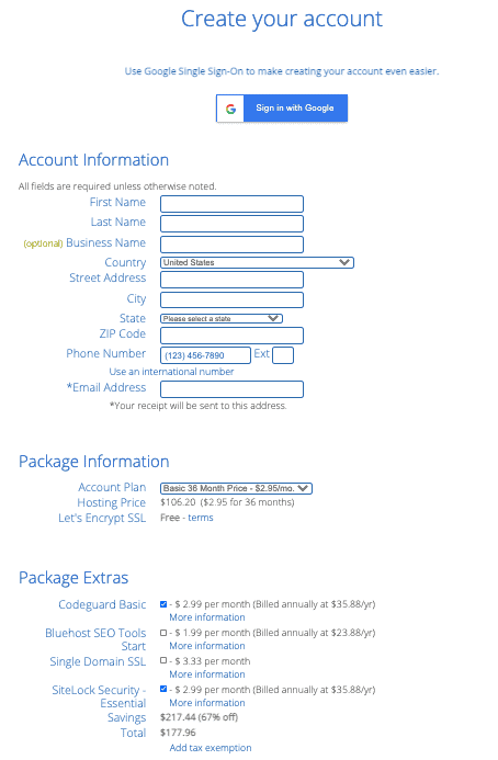 Bluehost info