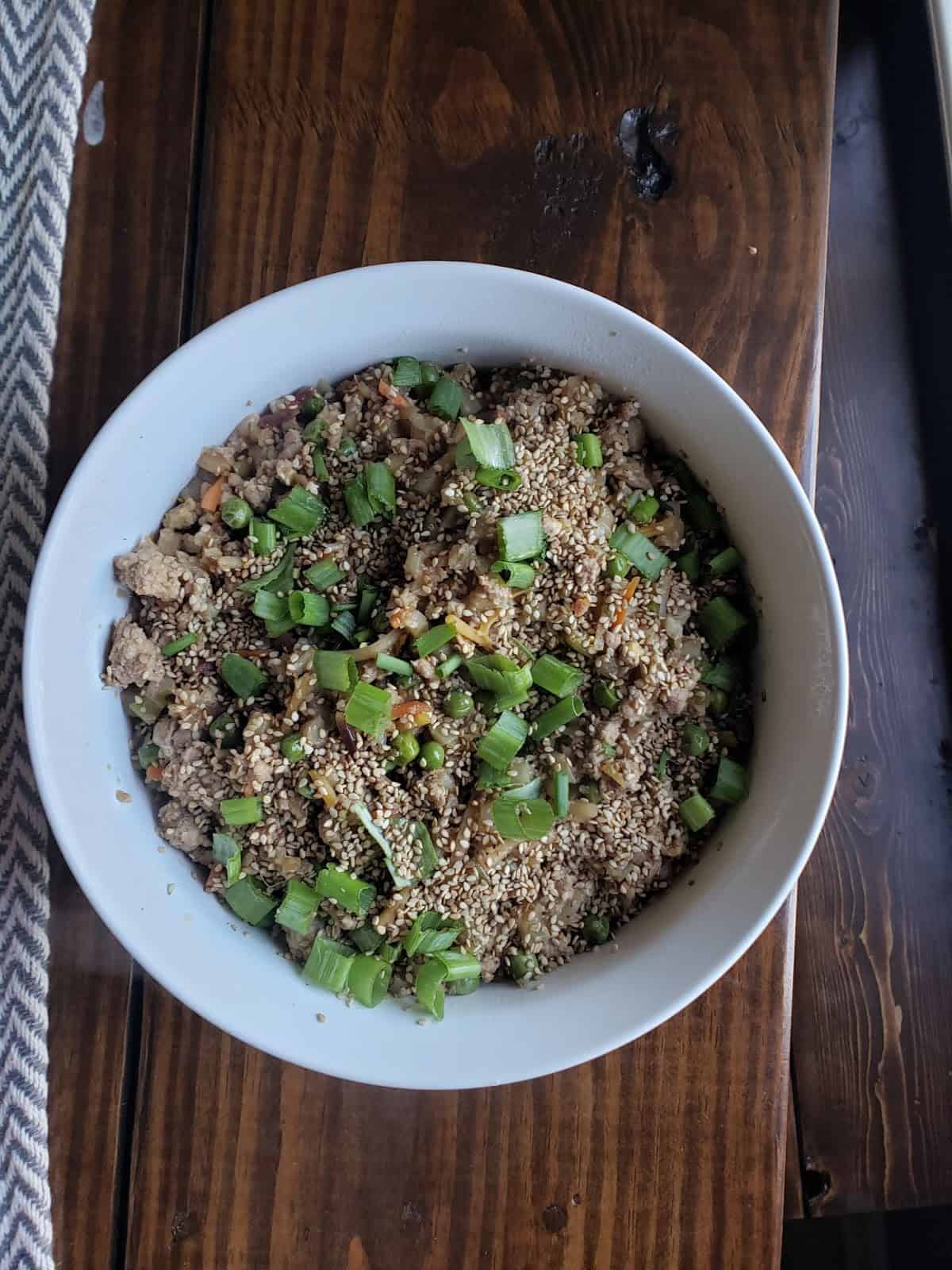 Fried Cauliflower “Rice” with Carrots, Peas, and Scallions with Ground Pork