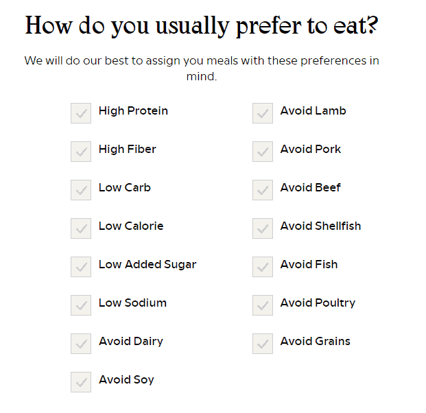 sunbasket Dietary preferences