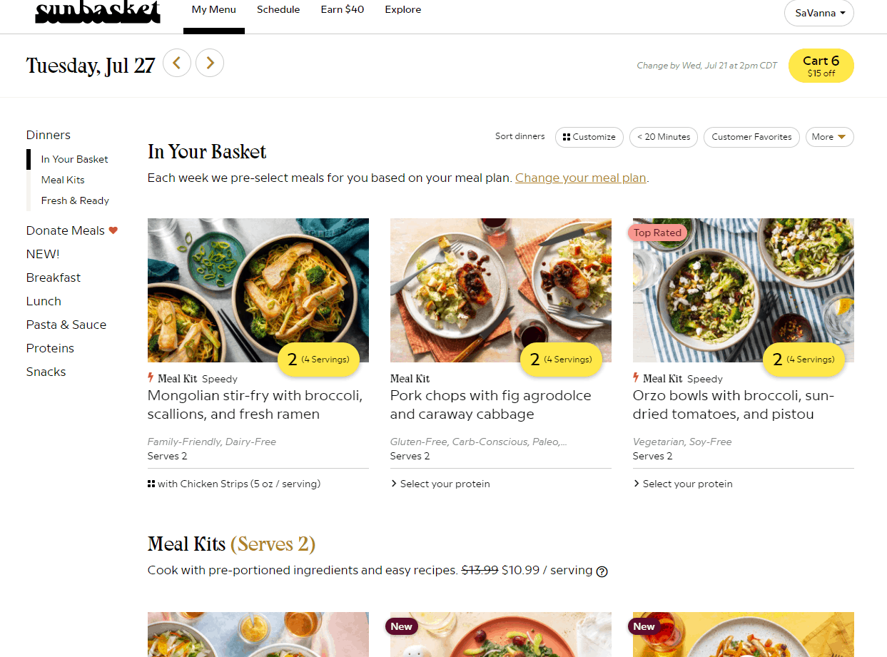 sunbasket Meal menus