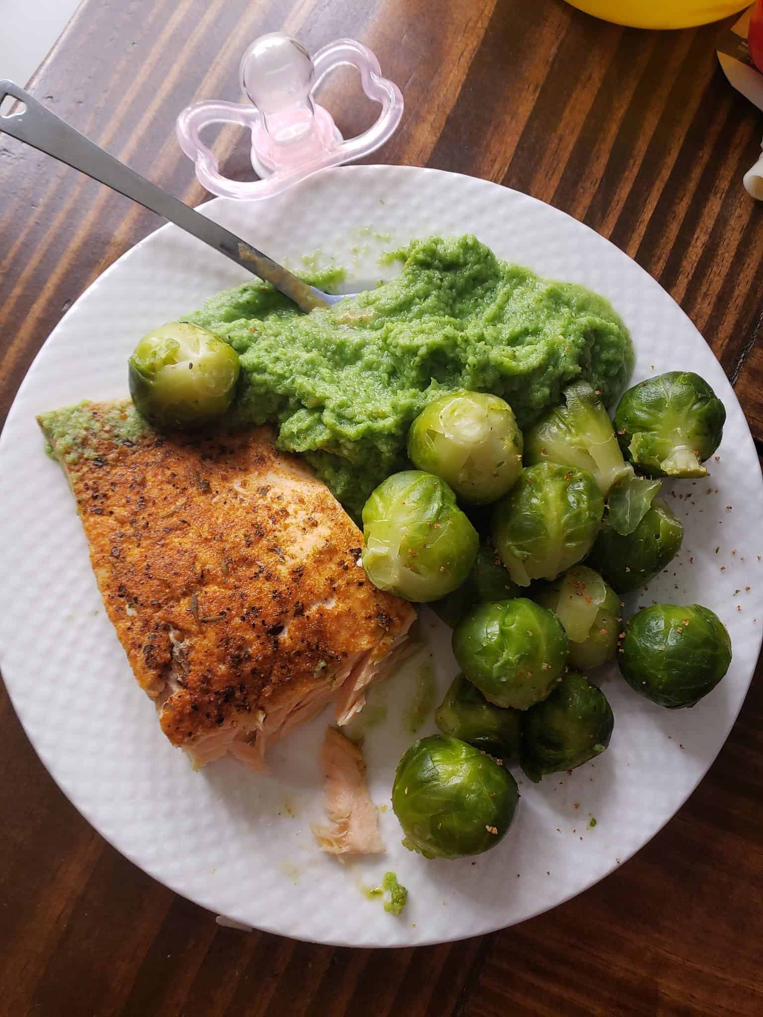 Blackened Salmon on Spinach Cauliflower Puree, Brussels Sprouts