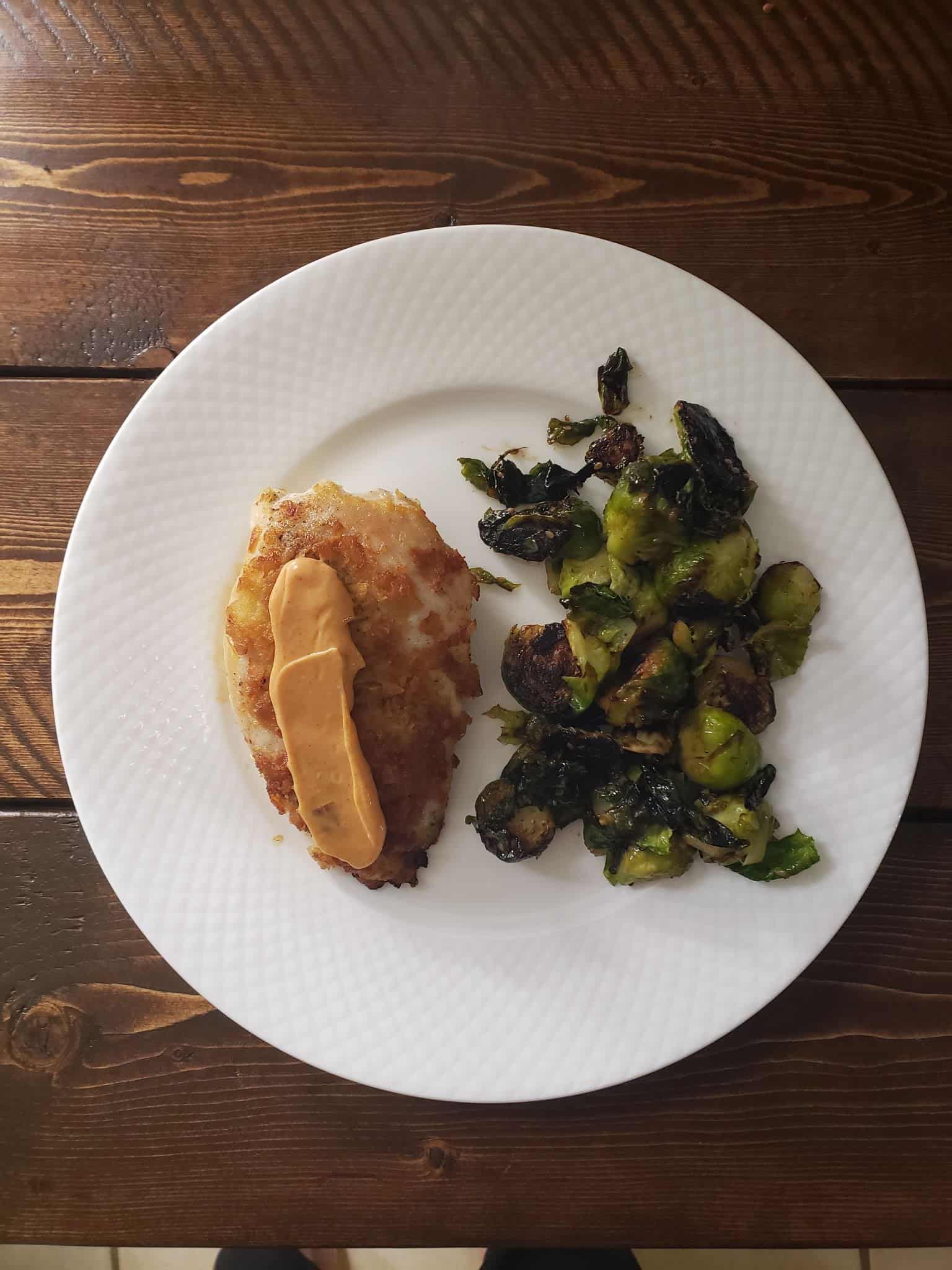 Crunchy Wonton Chicken and Spicy Gochujang Aioli with Sesame Brussels Sprouts