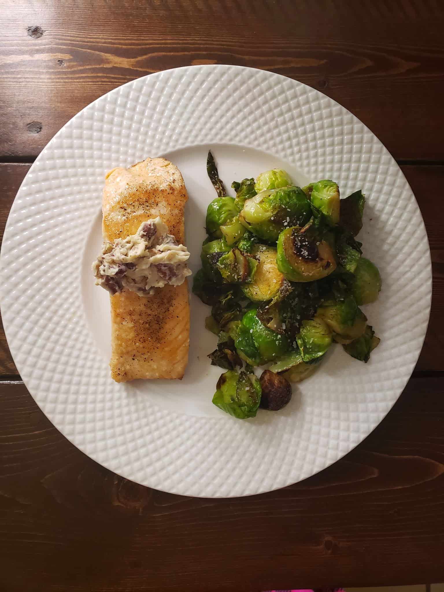 Pecan Butter Salmon and Herbed Green Beans with Caramelized Onions