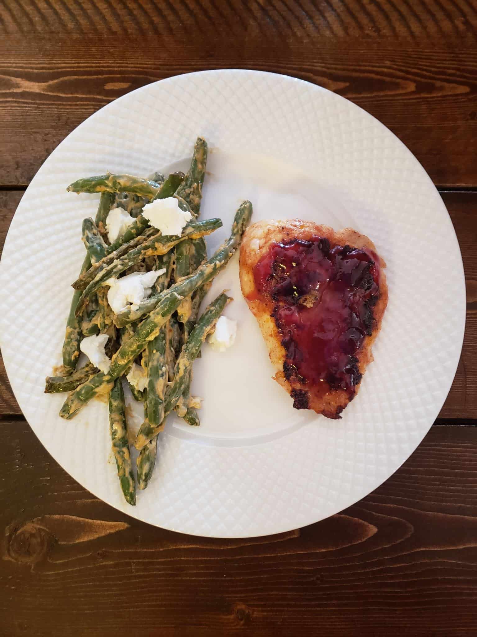 Grill-Ready Ancho Cherry Grilled Chicken with Goat Cheese Green Beans