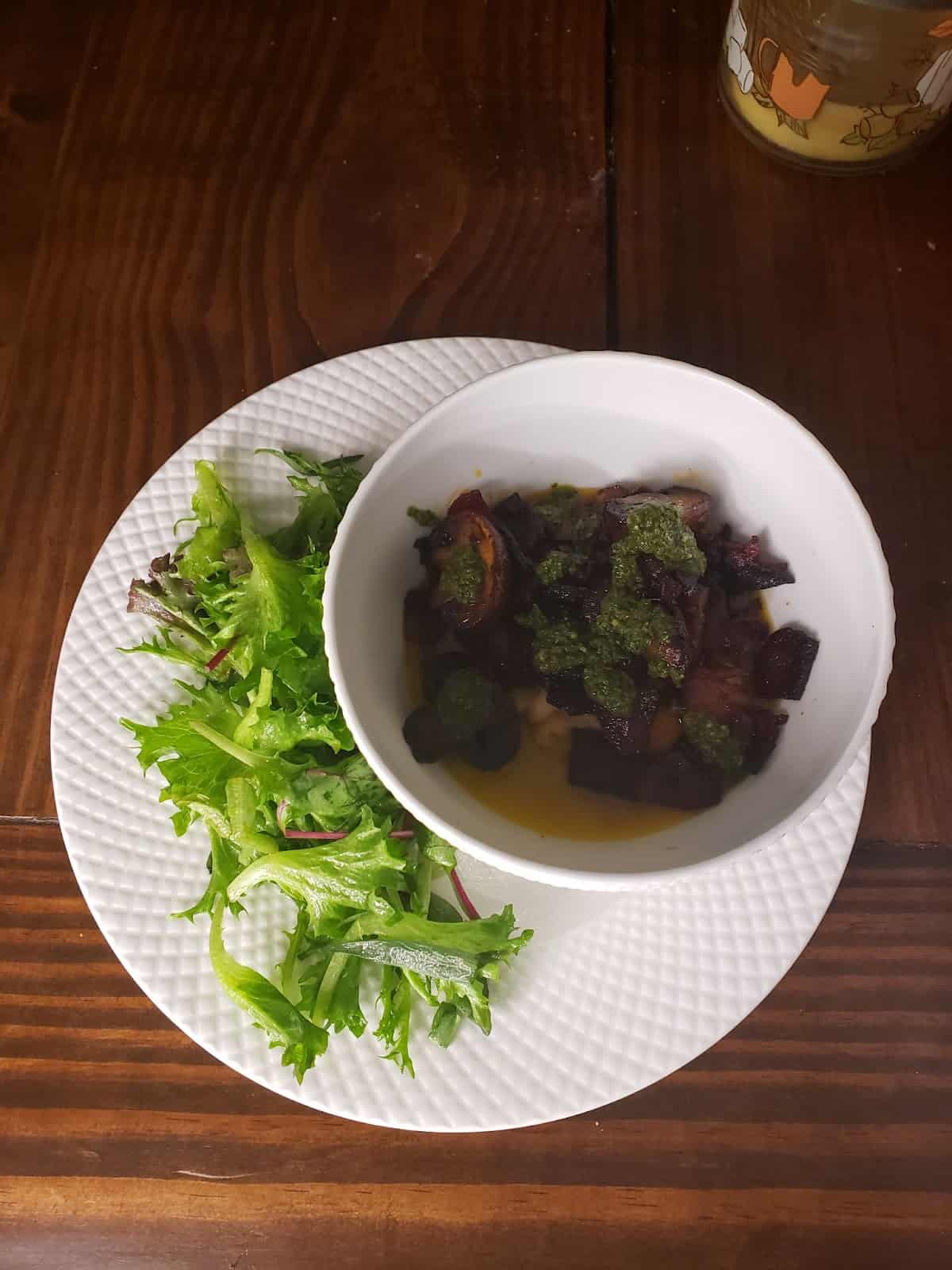 White Bean Cassoulet with Smoky Cremini Mushrooms and Basil Pesto