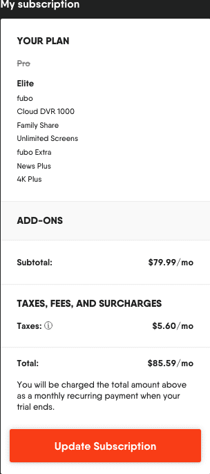fuboTV Elite plan with taxes