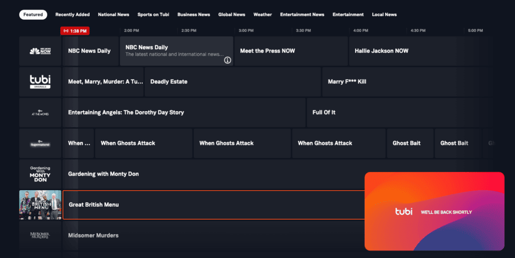 Tubi live TV guide