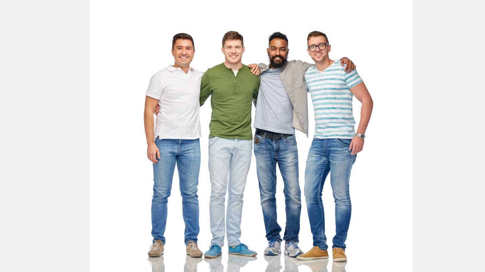friendship, diversity, ethnicity and people concept - international group of happy smiling men over white