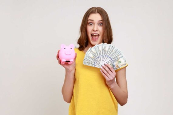 Woman with cash making savings