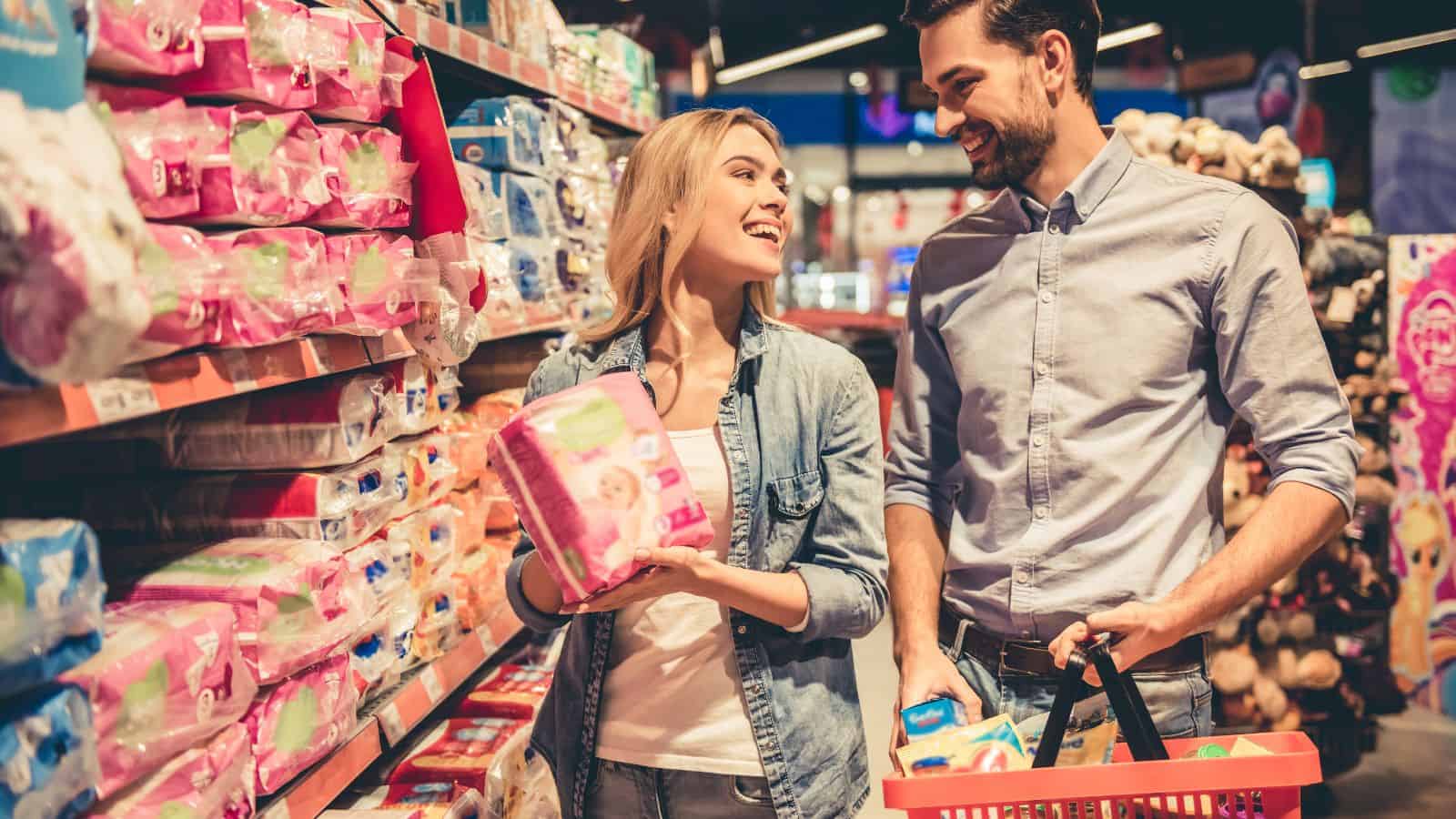 Couple looking at diapers